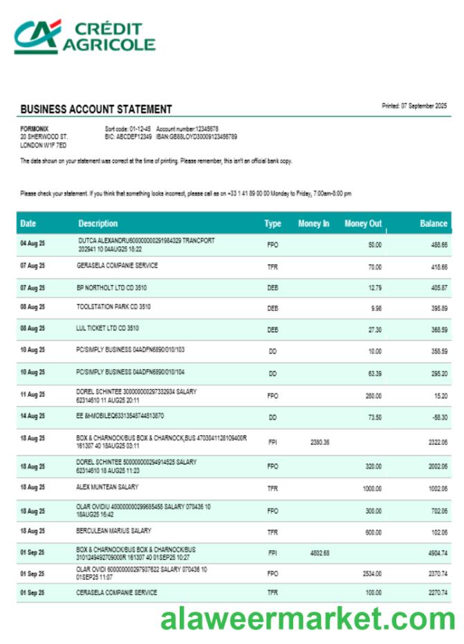 Credite Agricole company checking account statement Word and PDF template